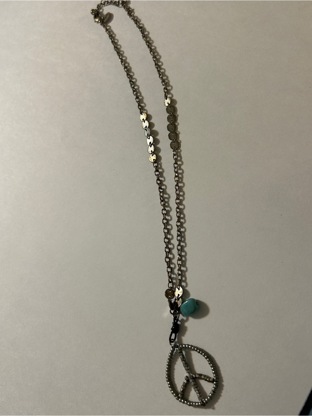 American Eagle Boho Beaded Peace Sign Pendant Necklace Turquoise Silver AEO